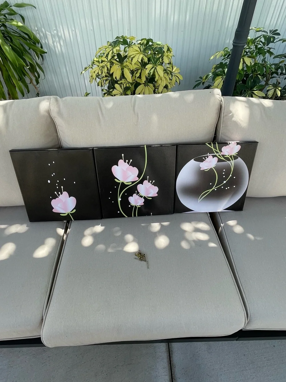 Pink Floral Trio Wall Art - Black Background